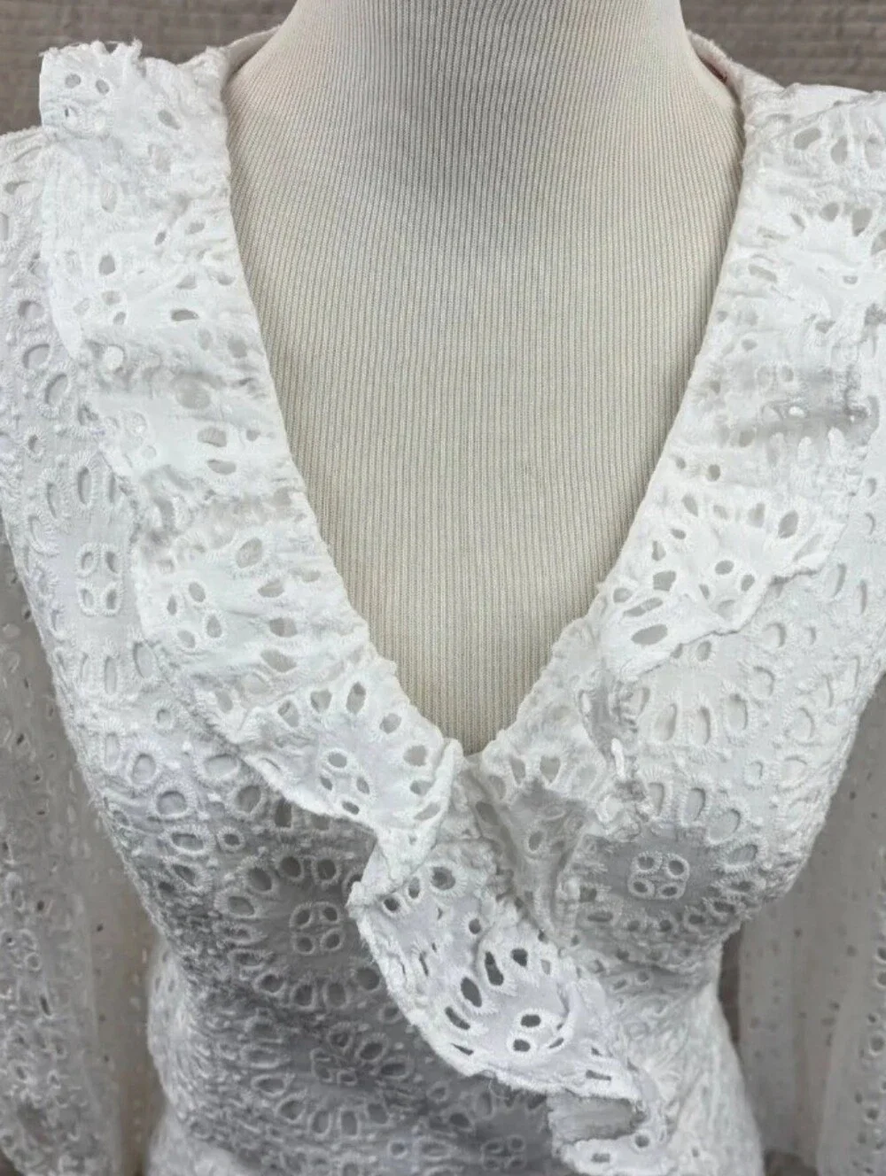 Lilly Pulitzer White Eyelet Lace Ruffle V-Neck Crop Top,Puffy Sleeves, NWT, S:4